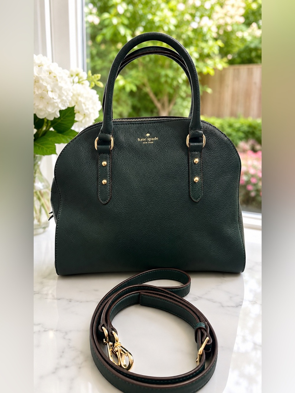 Kate Spade Larchmont Avenue Reiley Satchel Leather Bag Dark Evergreen Green